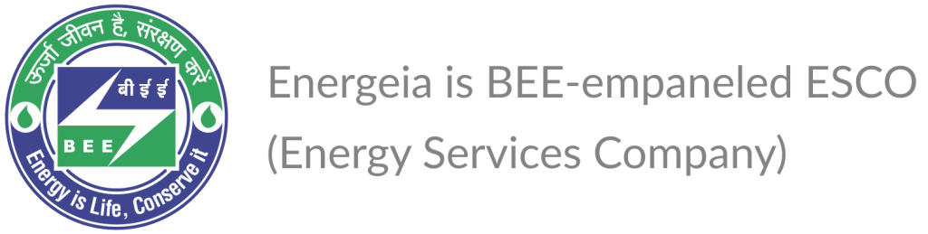 Energeia is a BEE-empaneled ESCO (Energy Services Company) logo and certification badge.