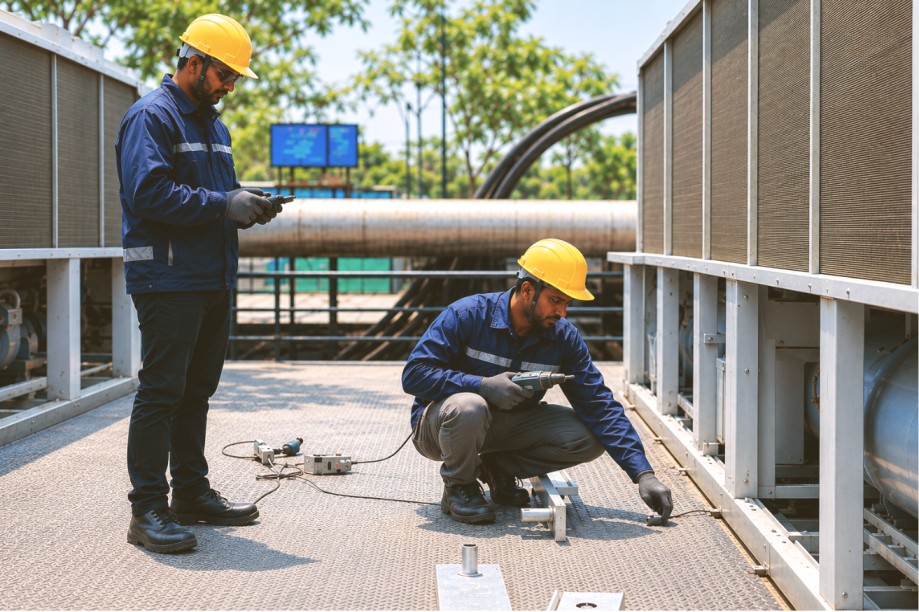 Energeia's engineers in safety gear servicing chiller unit