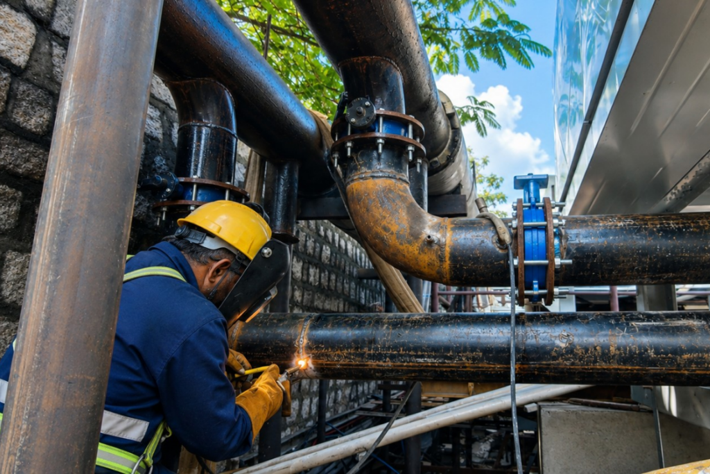 Energeia engineer working with chiller plant piping installation